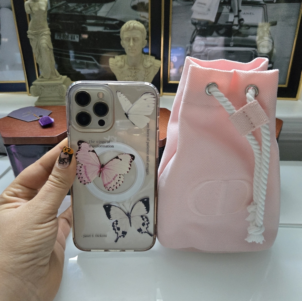 Brand-New Dior Pink Draw-Sting Canvas Cosmetic Pouch fits iPhone 15 pro max